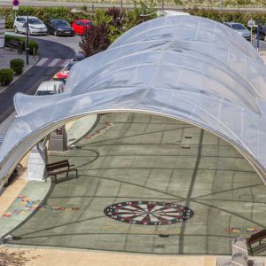 The membrane is made with a tensioned ETFE monolayer sheet system.